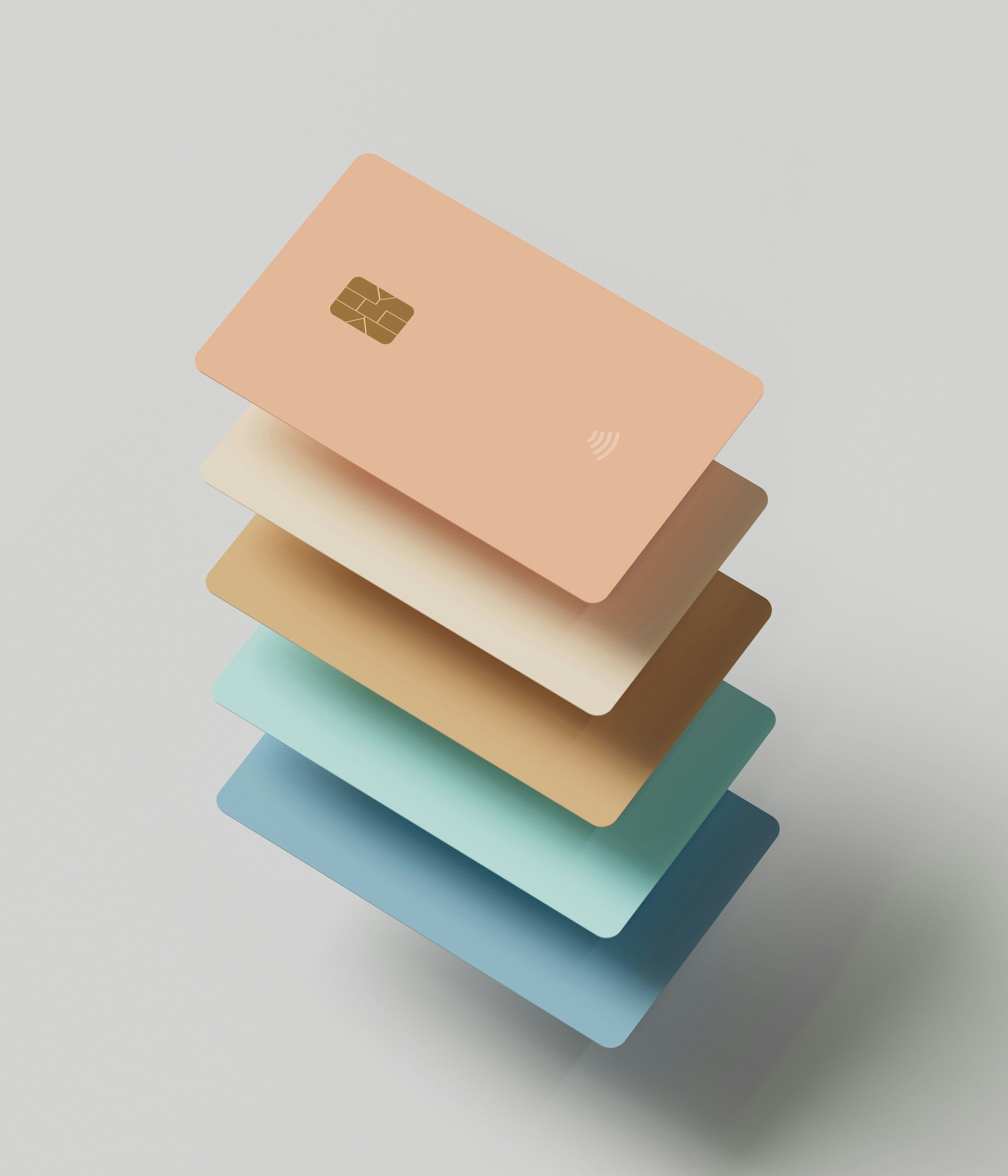 Stack of five floating credit cards in peach, cream, tan, mint, and blue tones against a light gray background.