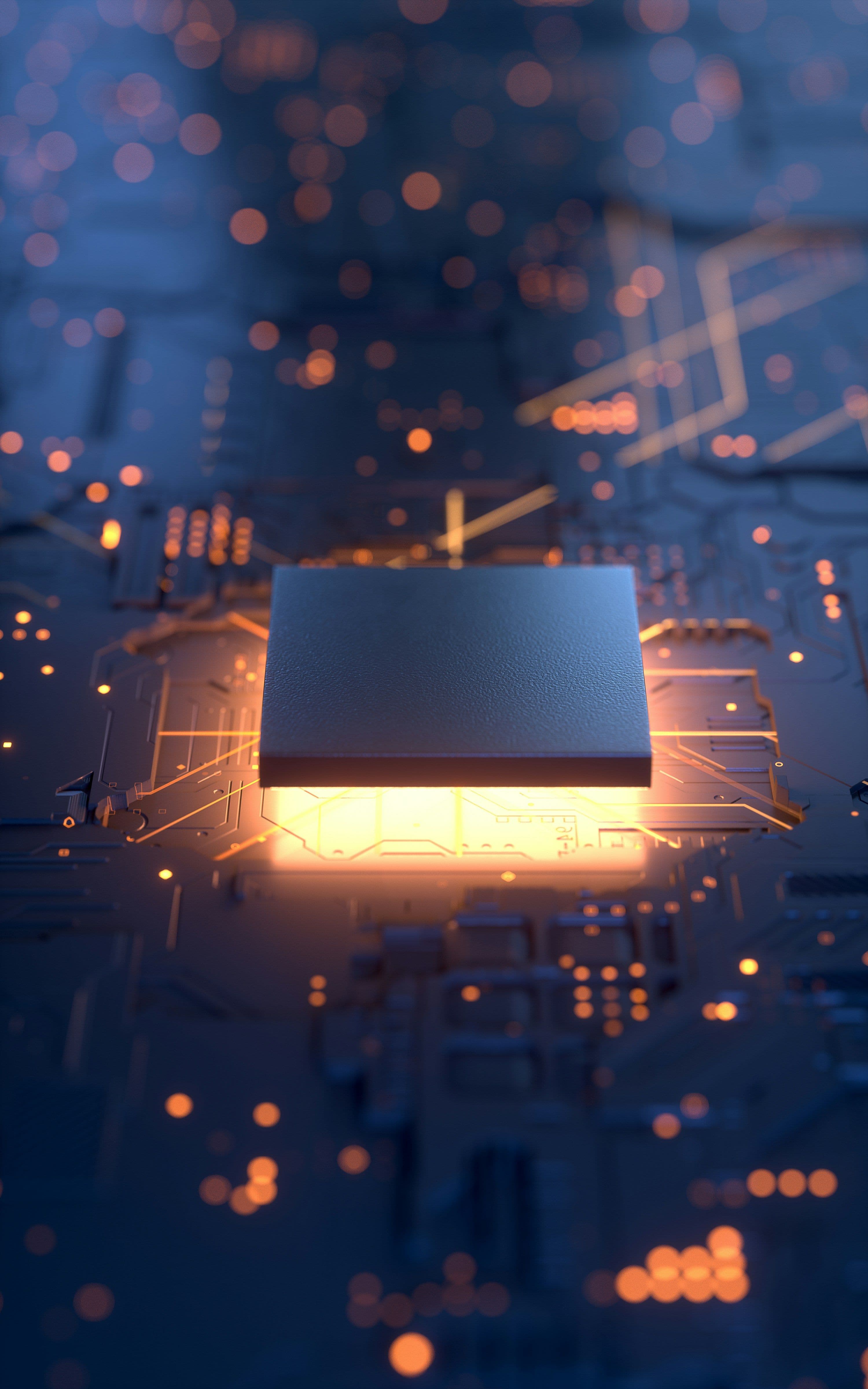 Glowing computer chip on a circuit board with orange light, illustrating AI-powered credit repair software
