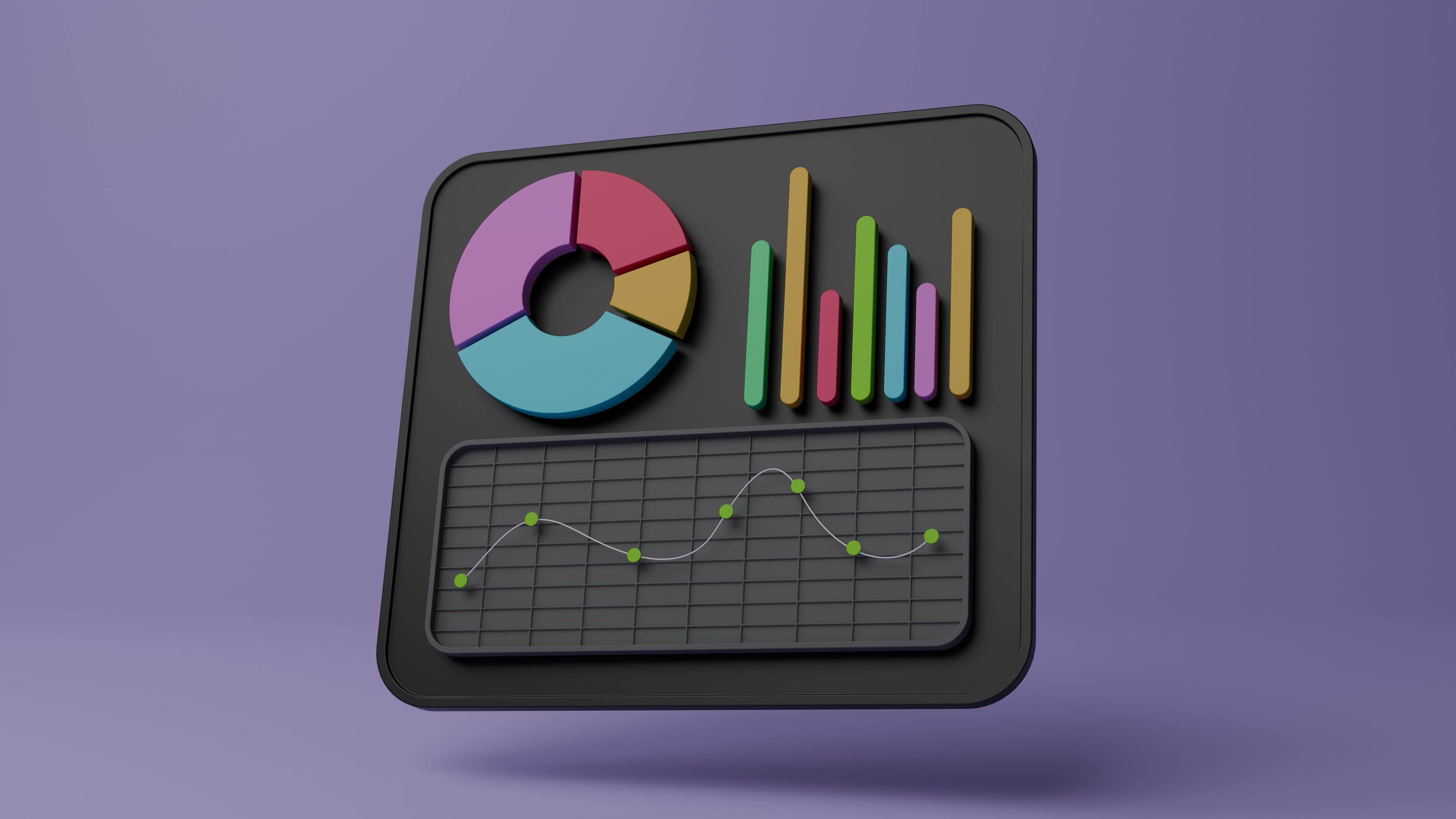 3D illustration of a dark dashboard with a colorful pie chart, bar chart, and line graph on a purple background.