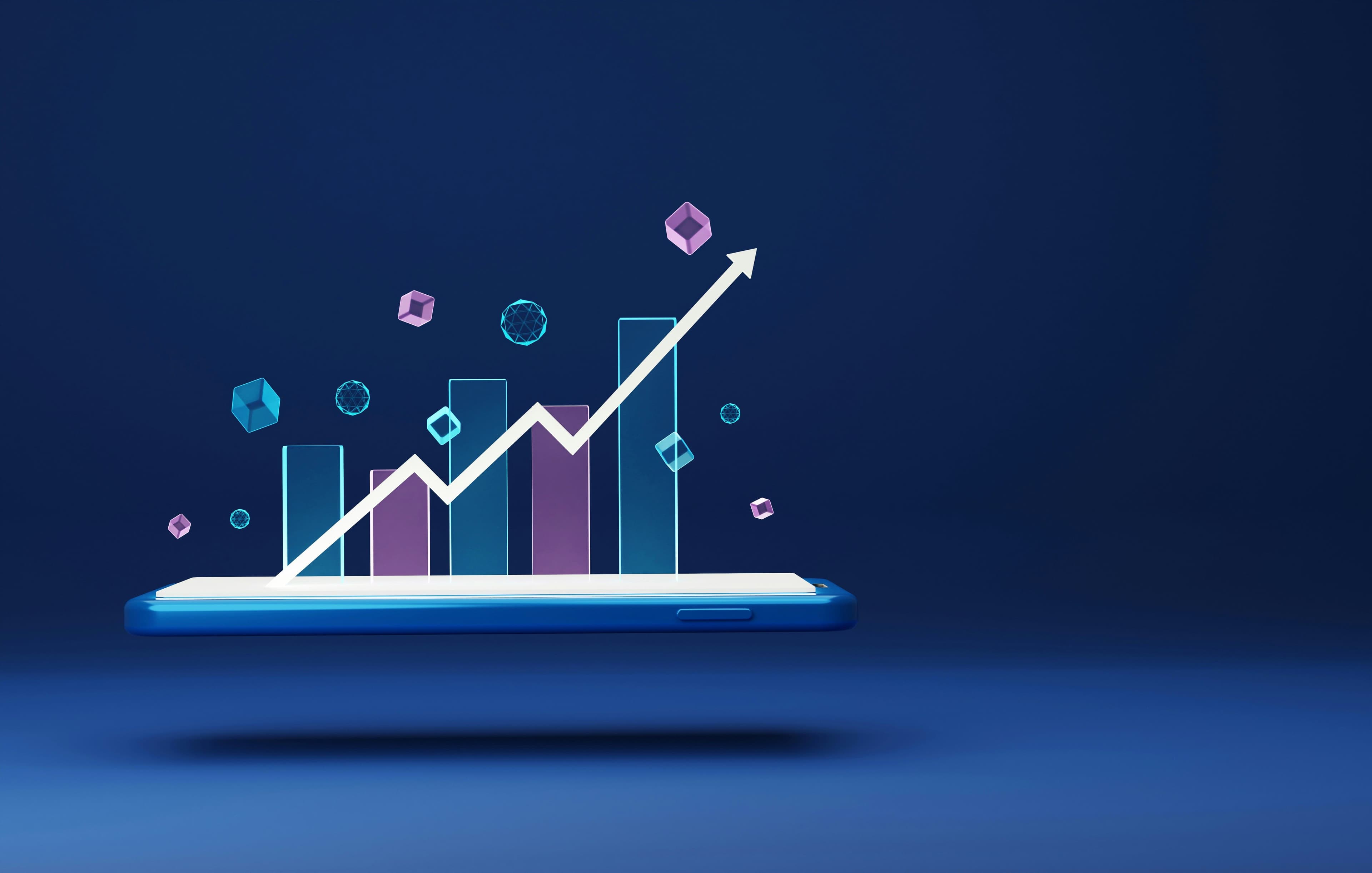 3D illustration of a phone with a rising bar chart and upward arrow emerging from the screen on dark blue.