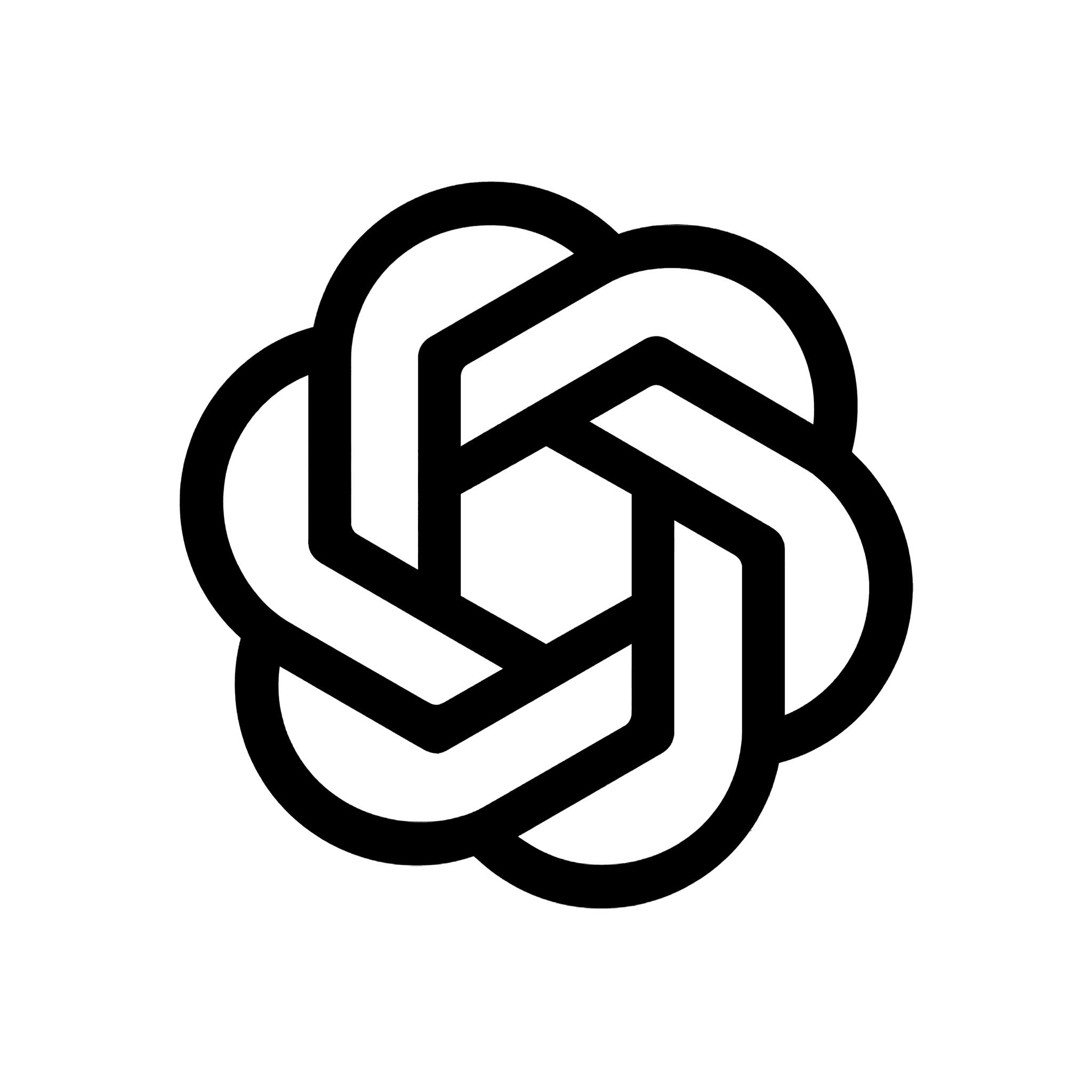 Black ChatGPT logo, a stylized knotted blossom mark, centered on a white background.
