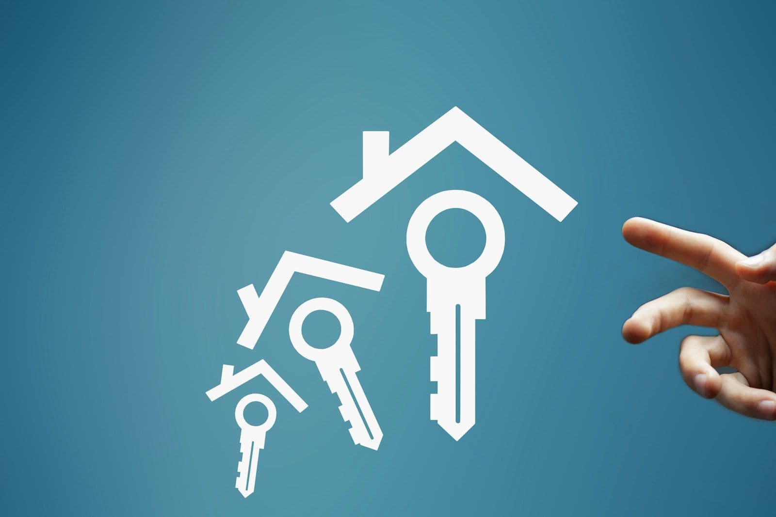 A hand reaching toward white icons of houses and keys on a blue gradient background, suggesting home ownership and mortgage access