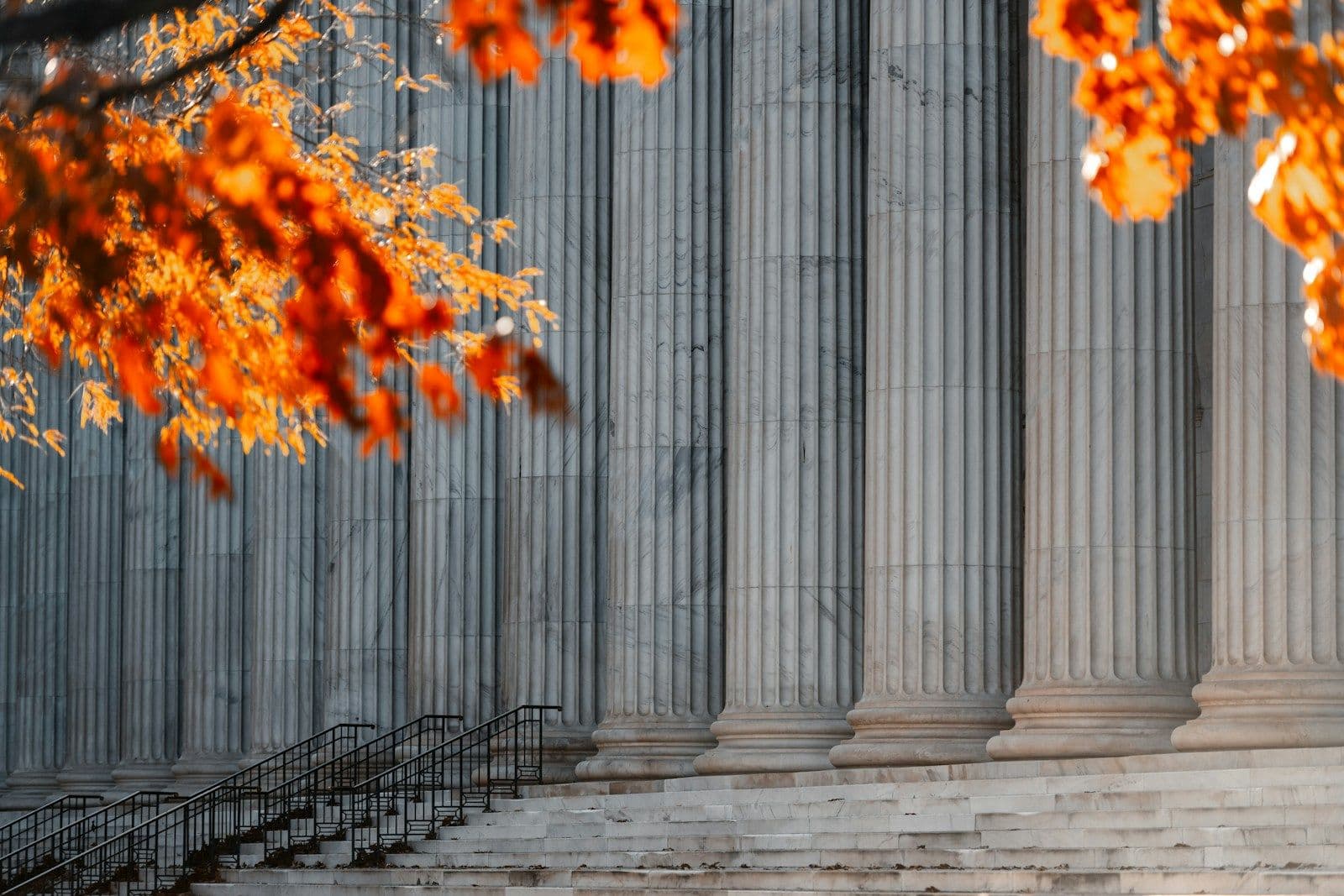 Stone columns of a courthouse-style building with steps, framed by orange autumn leaves in the foreground.