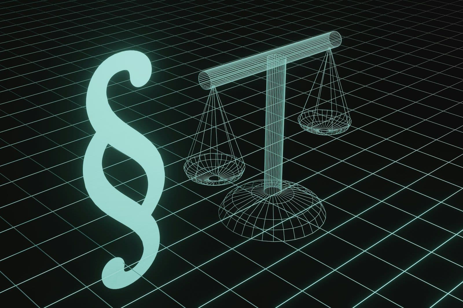 Glowing teal section symbol (§) beside a wireframe balance scale on a dark grid, representing law and legal regulation